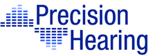 Logo for Precision Hearing with blue text. To the left, there are blue sound wave bars arranged in two triangular shapes, resembling audio equalizer graphics.